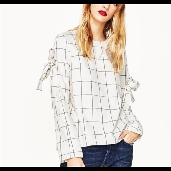 Zara Tops - Zara Windowpane Checkered Top with Sleeve Ties